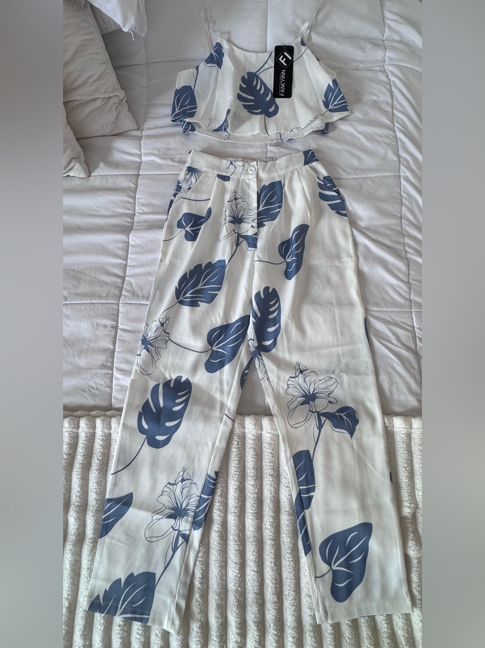 Fancyinn White Two-Piece - Straight Leg Pants Set with Blue Leaf Print - Picture 3 of 15